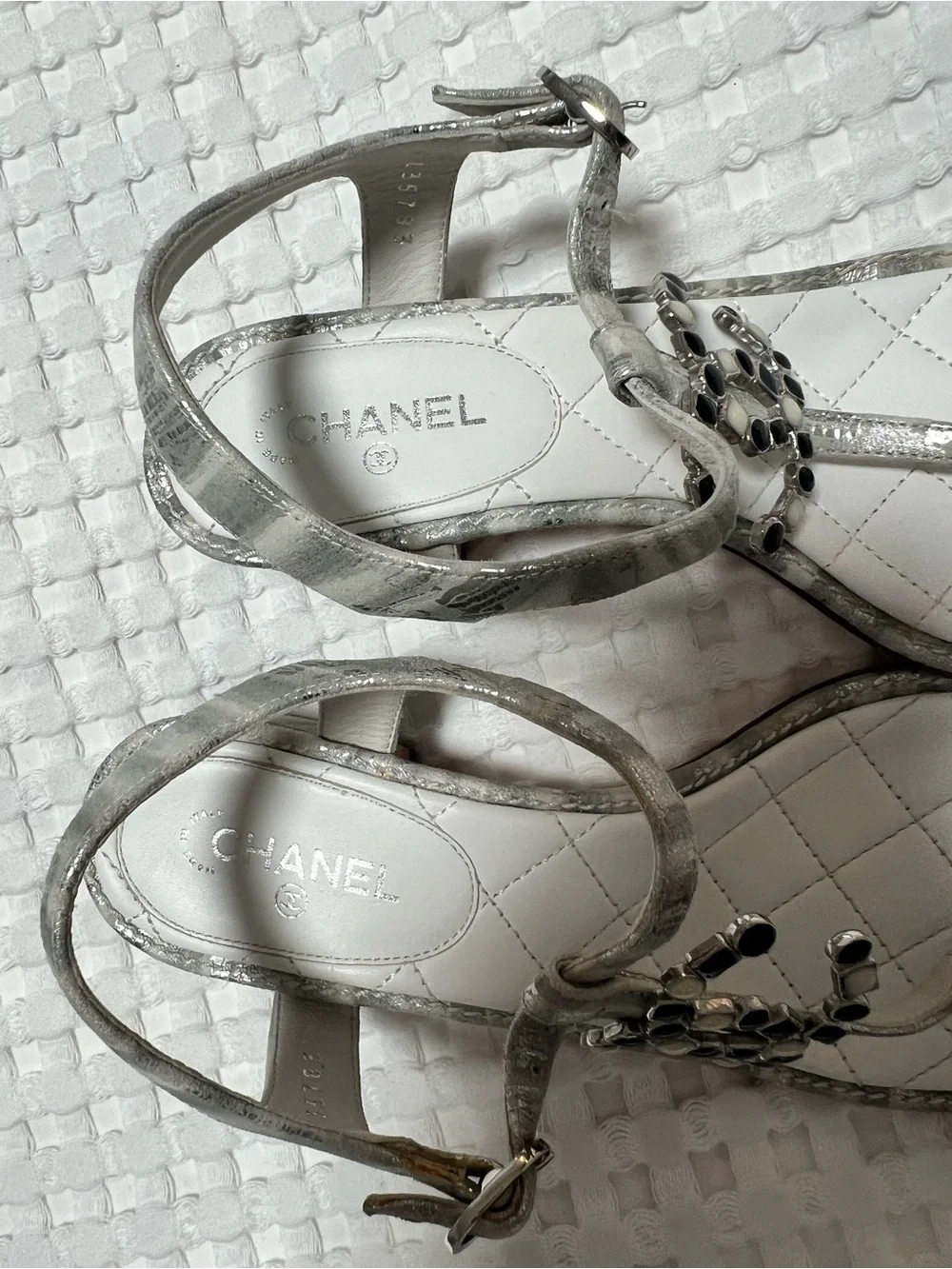 CHANEL White Silver Jeweled CC Logo Heeled Thong Sandals